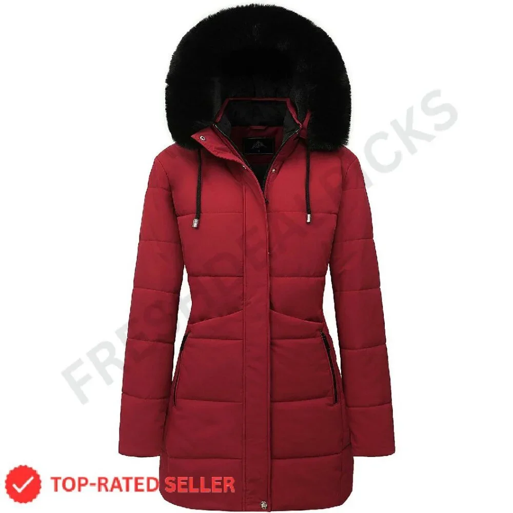 Winter Puffer Coat Thick Fleece Lined Down Jacket Detachable Hood Parka